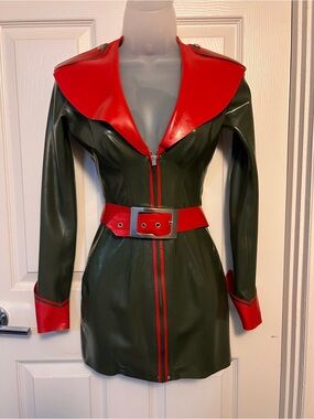 Fitted Green & Red Latex Military dress with Belt & beret by House of  Harlot-Sm